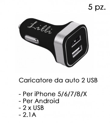 CARICATORE PER AUTO 2 USB NERO LILLI 5pz
